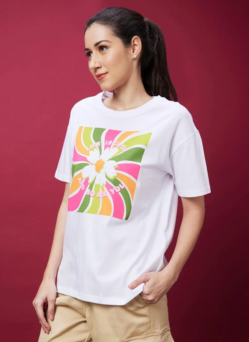 globus Globus Women White Floral Print Drop-Shoulder Sleeves Boxy T-shirt